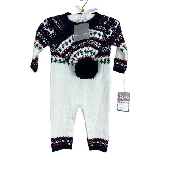 Tahari Coverall Hat Set Baby 6-9 Months Fair Isle Deer Tree Knit Sweater Pom New - Picture 1 of 9